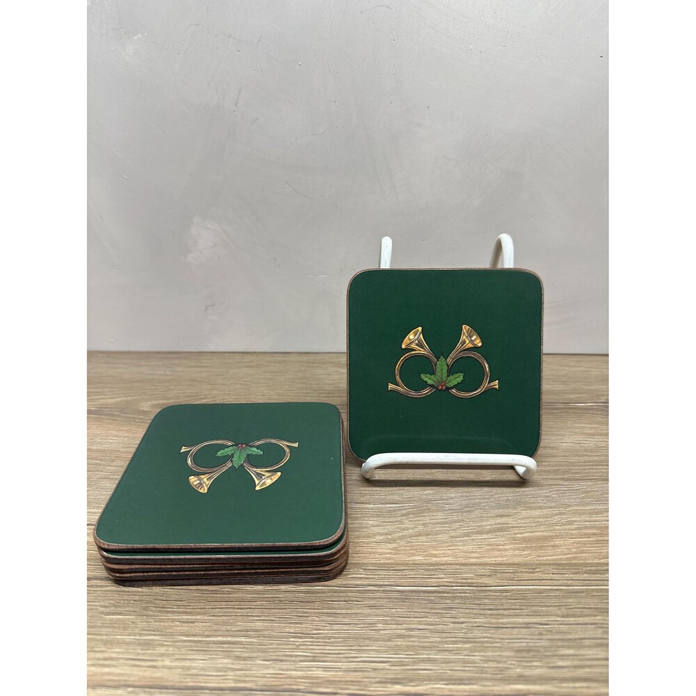 Vintage Pimpernel Holiday Horns and Holly Cork Back Coasters Set of 6 with Box
